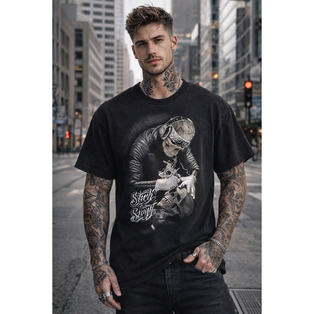 Dyse One Stick to the Script Graphic Tee Mens Large Black Skeleton Tattoo Artist